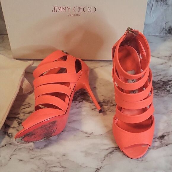 Jimmy Choo Neon Flame Nappa Caged Leather Sandals Heels Size 36.5 US 6.5 - Picture 14 of 16